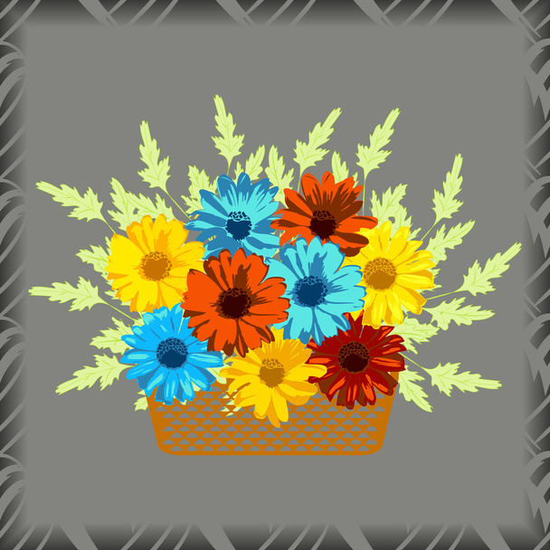 Basket with flowers. Gerberas and chamomiles on grey background. Vector illustration. - Vector, Image