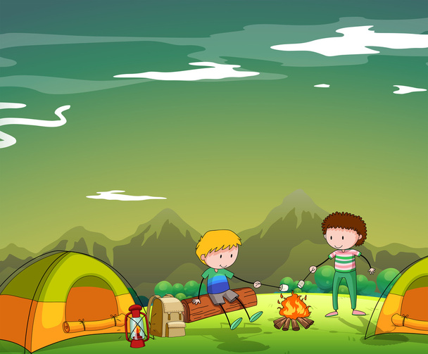 Two men camping out on the mountain - Vector, Image