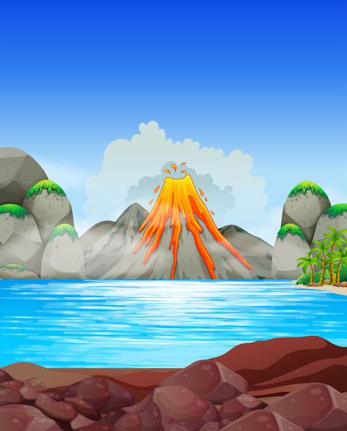 Erupción del volcán en el lago
 - Vector, imagen