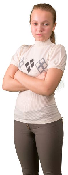 Teen girl standing with cross hands isolated on white background - 写真・画像