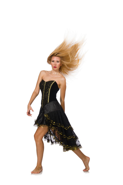 Блондинка волосся дівчина в чорній вечірній сукні ізольована на білому
 - Фото, зображення