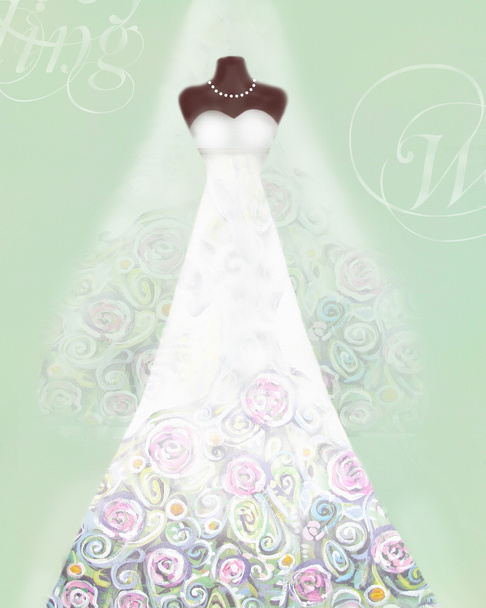 Cartão com vestido de noiva em um manequim e véu. Padrão floral
 - Foto, Imagem