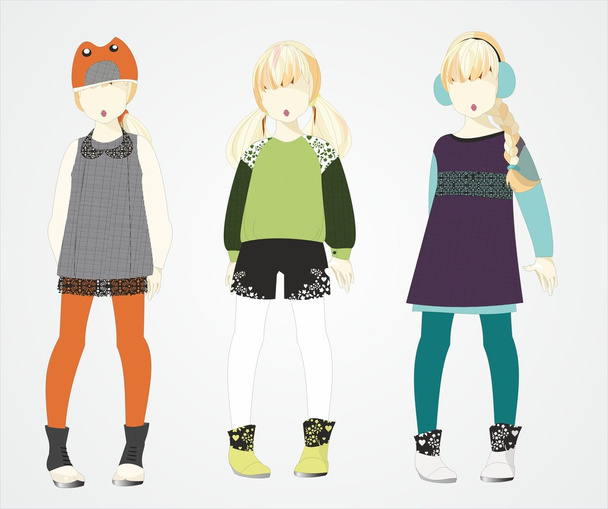 stylizowane dzieci, ubrania dla dzieci, dziewczyn - Wektor, obraz
