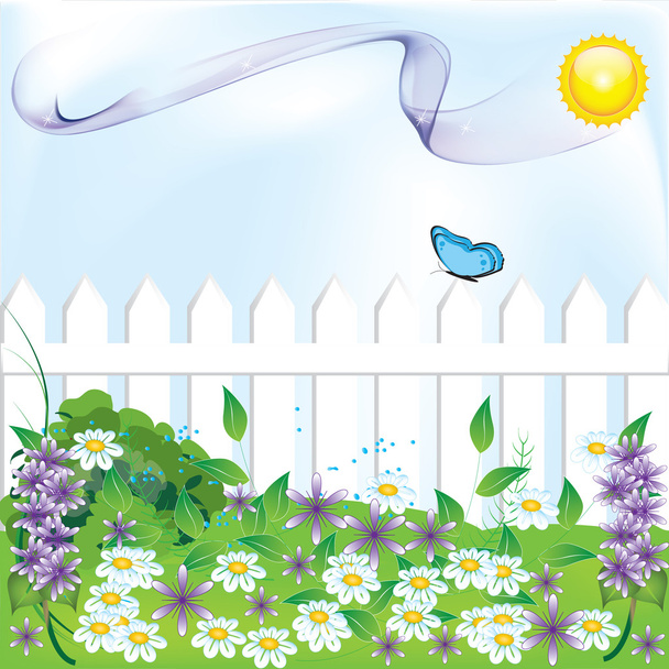 Hermosa ilustración con flores y hierba
 - Vector, imagen