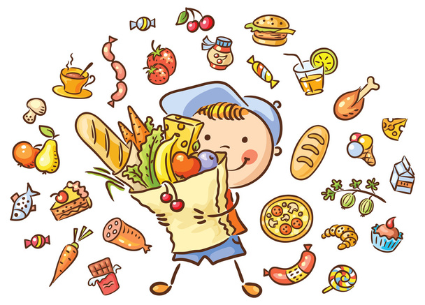 Child with a big bag full of food and isolated food set - Vector, Image