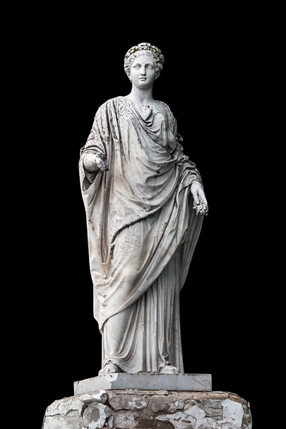 Marble statue of roman Ceres or greek Demeter isolated on black from the park of the Palace and park complex Estate of G. Galagan. Sokyryntsi village, Ukraine. - Photo, image