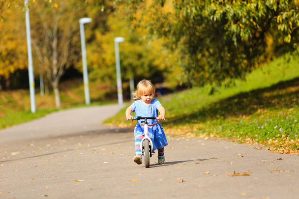 симпатичная маленькая девочка на беговом велосипеде осенью
 - Фото, изображение