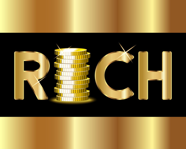 palavra rica com pilha de moedas de ouro
 - Vetor, Imagem