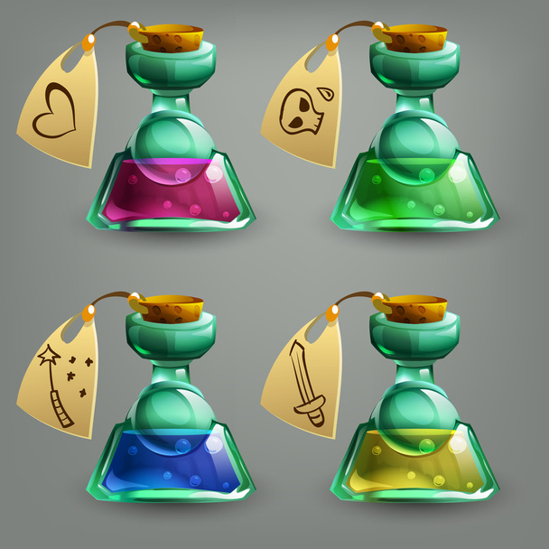 Bottles of potion with labels. - Vector, Image