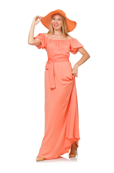 Nuori nainen vaaleanpunainen romanttinen mekko eristetty valkoinen
 - Valokuva, kuva