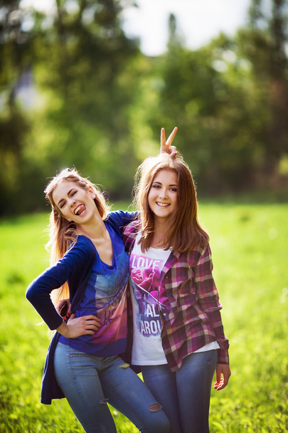 Two young woman hug and   laughing  at park - Valokuva, kuva