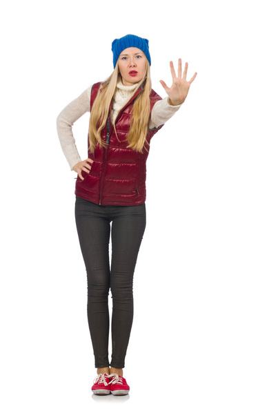 Blond hair girl in bordo vest isolated on white - Фото, изображение