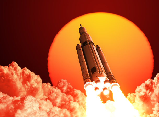 Système de lancement de l'espace décolle sur le fond du lever du soleil
 - Photo, image