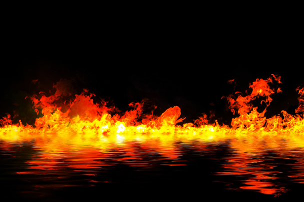 awesome fire flames with water reflection, on a black background - 写真・画像