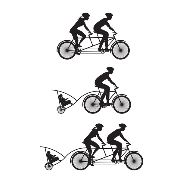 Familiensilhouette auf Fahrrädern. Fahrrad und Tandemfahrrad. - Vektor, Bild