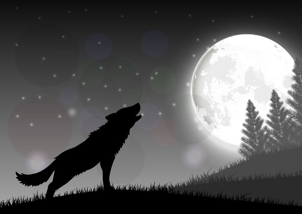 Silhouette d'un loup debout sur une colline la nuit avec la lune
 - Vecteur, image