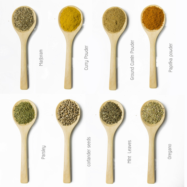 spices in Wooden spoon on isolated on white background - Photo, Image