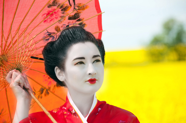 Geisha in the yellow field - Φωτογραφία, εικόνα