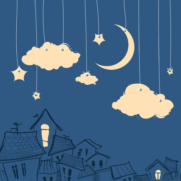 Night city with moon, stars and clouds - Vector, afbeelding