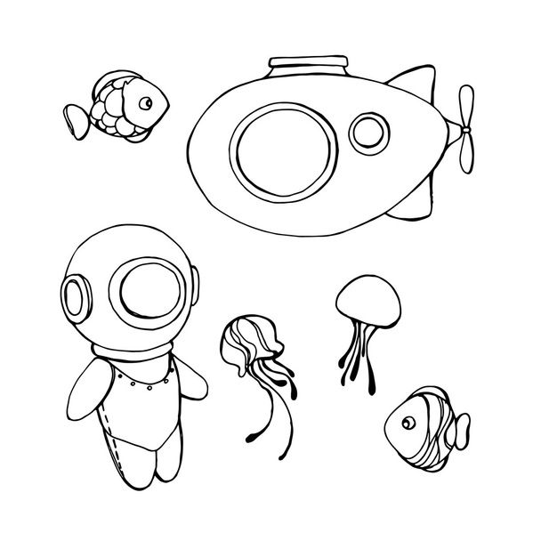 cartoons on deep underwater world theme - Vector, afbeelding