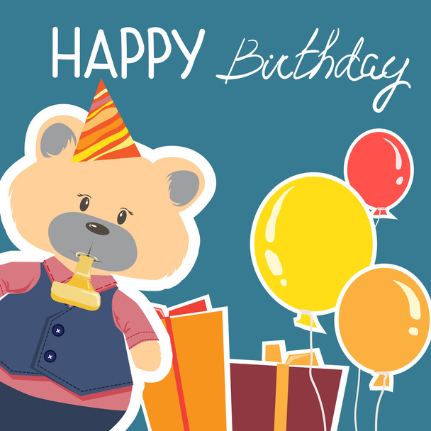 Ευχετήρια κάρτα γενεθλίων με αρκούδα και prasents - Διάνυσμα, εικόνα