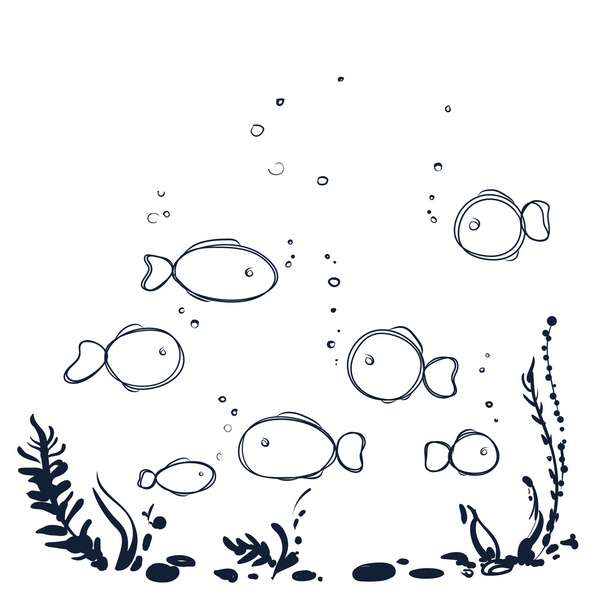 underwater world with plants, fish - Vector, Image