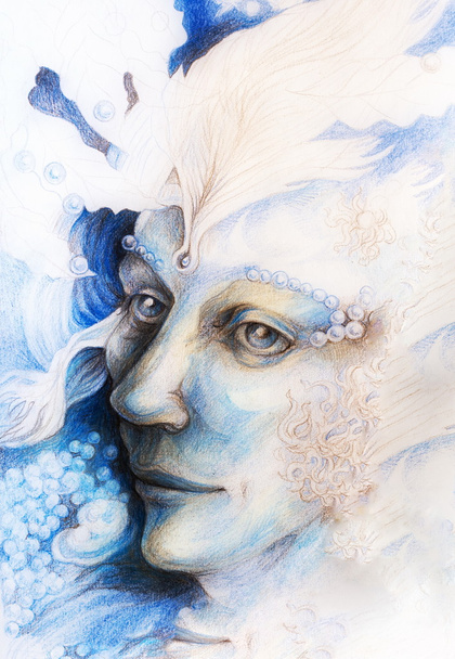 Um desenho detalhado fantasia de criatura homem elfo, homem de fadas azul rosto retrato com suaves estruturas abstratas de pérolas e penas, monocromático
 - Foto, Imagem