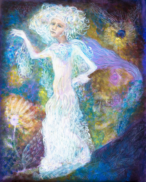 White fairy woman spirit in bright dress on abstract colorful ma - Fotó, kép