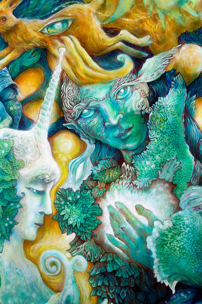 Hermosa pintura colorida fantasía de un elfo radiante criaturas de hadas y luces de energía, una visión en un reino de hadas
 - Foto, Imagen
