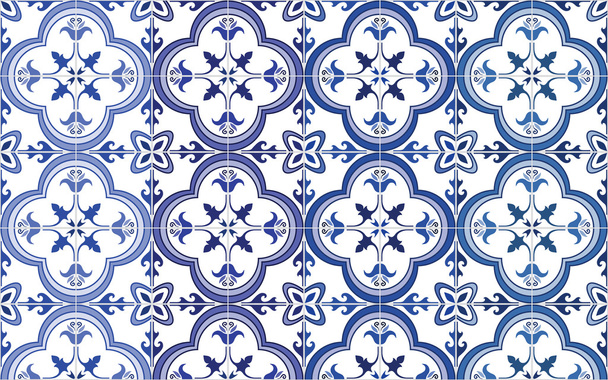 Traditional ornate portuguese tiles azulejos. Vector illustration. 4 color variations in blue. - Vector, Image