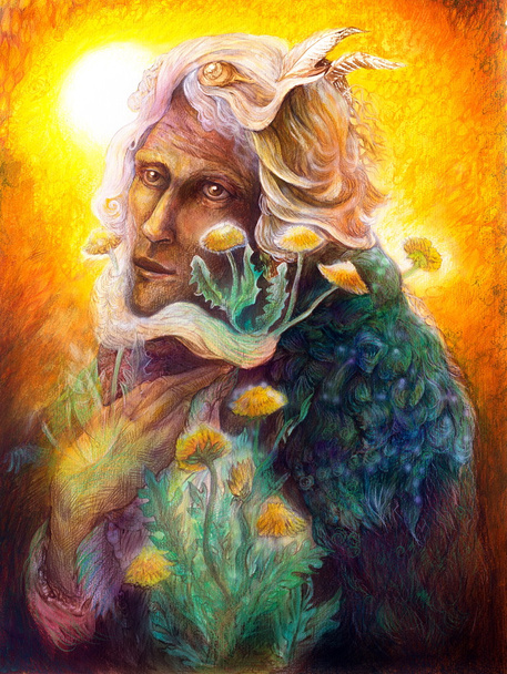 fantasy elven fairy man portrait with dandelion, beautiful colorful detailed fairytale painting of an elven creature and energy lights - Zdjęcie, obraz