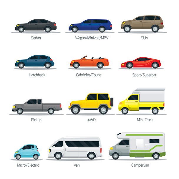 Car Type and Model Objects icons Set - Vector, Image