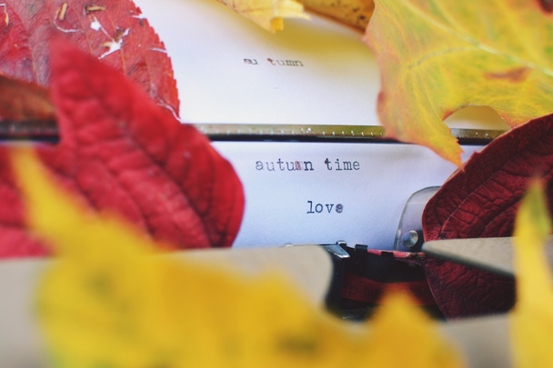 Máquina de escrever espalhada com folhas de outono
 - Foto, Imagem