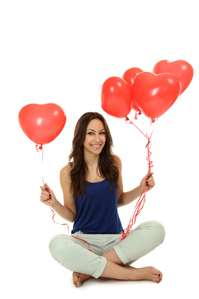 Beautiful woman with red balloons - Fotoğraf, Görsel