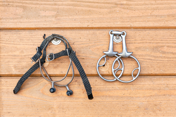Steel horse snaffle-bit and spurs hanging on wooden background - Fotografie, Obrázek