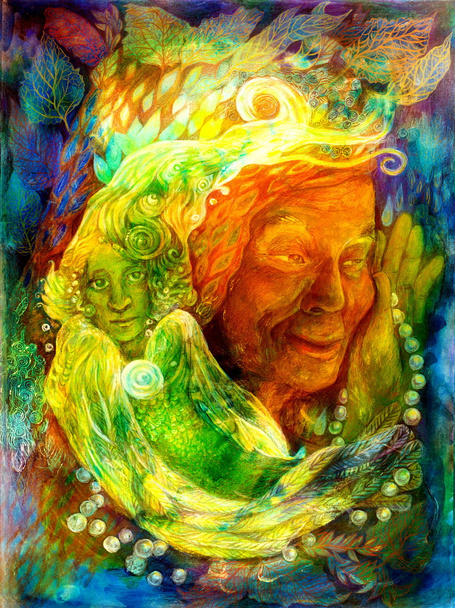 Мистическая ярко-зеленая фея воды, красивая красочная фэнтези живопись, абстрактный фон
 - Фото, изображение