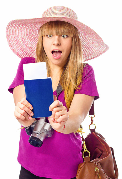 Zaskoczony, kobieta trzyma paszport, bilet - Zdjęcie, obraz