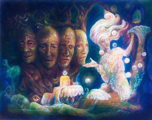 spiritueller heiliger Baum mit vier Gesichtern, wunderschönes farbenfrohes Gemälde eines strahlenden Elfengeschöpfes, Tieren und Energielichtern - Foto, Bild