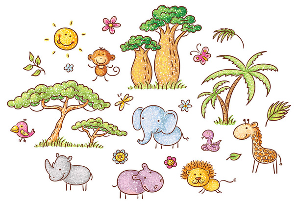 Conjunto de dibujos animados exóticos animales y plantas africanos
 - Vector, imagen