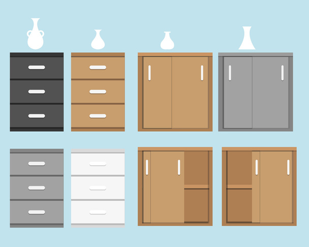 Set of cabinet in flat style and vase - Vector, Image