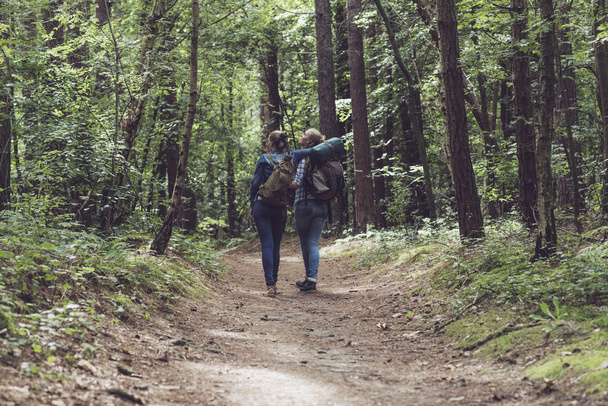 vrienden wandelen in het bos. - Foto, afbeelding