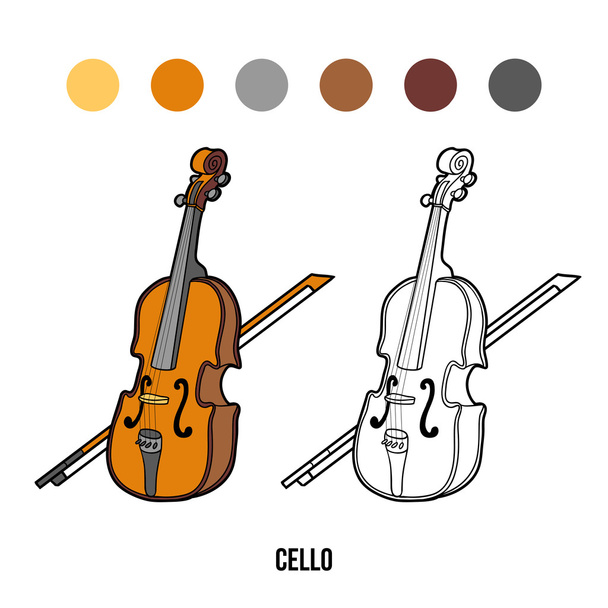 Χρωματίζοντας βιβλίο για τα παιδιά: μουσικά όργανα (βιολοντσέλο) - Διάνυσμα, εικόνα