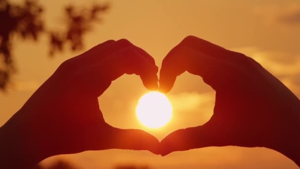 Close-up: Het maken van hart met de handen over de ondergaande zon - Video