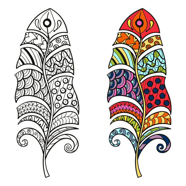 Zentangle стилизованный племенной цвет и монохромные перья для кишечника
 - Вектор,изображение