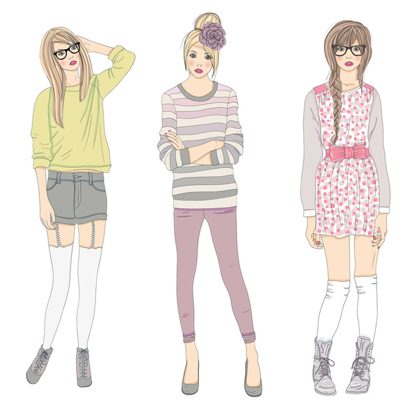 Young fashion girls illustration. Vector illustration. Backgroun - Vector, Image