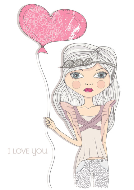 Valentin-Tageskarte. Mode Mädchen mit herzförmigen Ballon. - Vektor, Bild