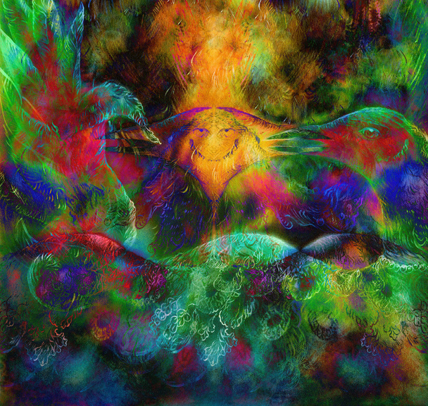 Beautiful colorful painting of a radiant fairy emerald green phoenix bird, colorful ornamental fantasy painting - Zdjęcie, obraz