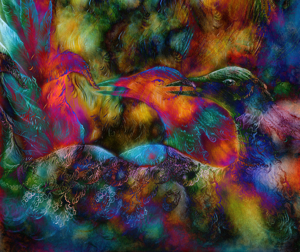 fairy emerald green phoenix bird, colorful ornamental fantasy painting, collage. - Fotó, kép