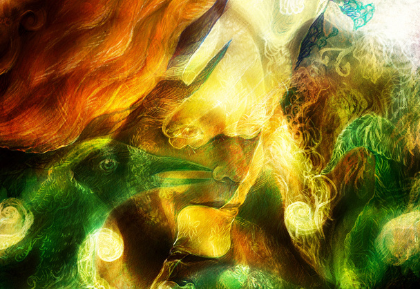 radiant elven fairy woman creature and energy lights, and bird phoenix  collage. - Photo, Image