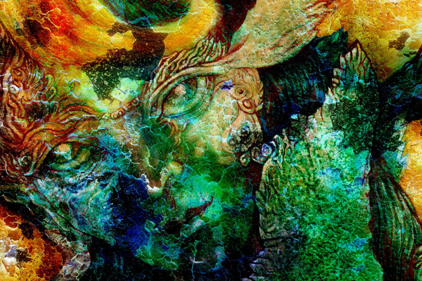 elven fairy creatures and energy lights, an insight in a fairy realm, face portrait closeup, cracklle effect collage. - Photo, Image